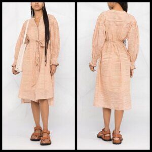💕ULLA JOHNSON💕 Fiora Striped Shirtdress puff Sleeves Cotton ~ Fawn 4 NWT